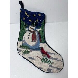 Handcrafted Needlepoint Embroidered  Snowman Wool Velvet Back Christmas Stocking